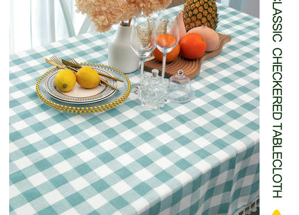 Midsummer Breeze Coastal Aqua Checkered Tablecloth Square 55”x55”
