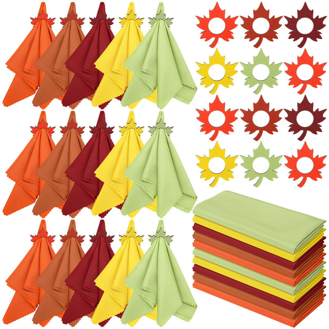 Gandeer 24 Pcs Fall Thanksgiving Cloth Napkin Wood Maple Leaf Napkin Rings
