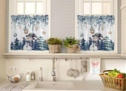 Blue Snowman Christmas Kitchen Curtain Set, Coastal Xmas Tree Curtains Valance and Tier 36 Inch Length, Farmhouse Eucalyptus Rod Pocket Kitchen Window Short/Half/Small Tier Starfish Curtain Drapery