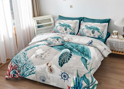 Bedbay Coastal Bedding Comforter Set Ocean King Bed Set Sea Turtle Comforter 8 Pcs Soft Lightweight King Size Bed in Bag Set Ocean Themed Quilt Down Alternative Duvet Set