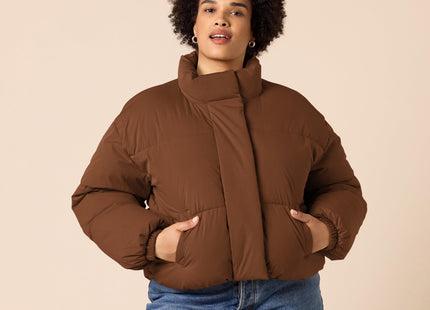 Amazon Essentials Women's Relaxed Fit Cropped Full-Zip Puffer Jacket with Snap Closure, Quilted Matte or Sherpa Fleece, Deep Brown, Medium