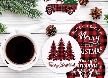Whaline Merry Christmas Coasters Set of 4 Red Black Buffalo Plaids Drink Coaster Xmas Tree Truck Reindeer Absorbent Ceramic Coaster Holiday Cup Mat for Mugs Cups Home Kitchen Office Party Table Decor