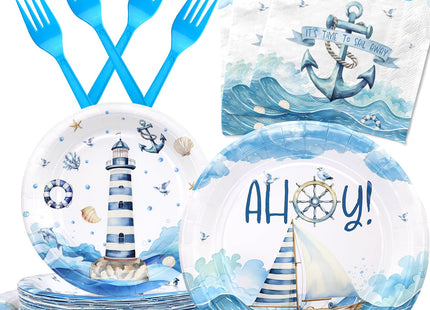 Nautical Birthday Party Decorations Set - Nautical Party Decorations, Plates, Napkins, and Forks for 20 Guests - Nautical Themed Disposable Tableware and Birthday Decorations