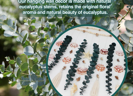 Genuine Eucalyptus Wall Decor with Natural Seashell Beach Decor Coastal Home Decorations with Fresh Eucalyptus Stems Hanging Wooden Bead Garland for Large Bedroom Bathroom Living Room 32 x 32 Inch