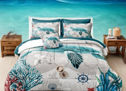 Bedbay Coastal Bedding Comforter Set Ocean King Bed Set Sea Turtle Comforter 8 Pcs Soft Lightweight King Size Bed in Bag Set Ocean Themed Quilt Down Alternative Duvet Set