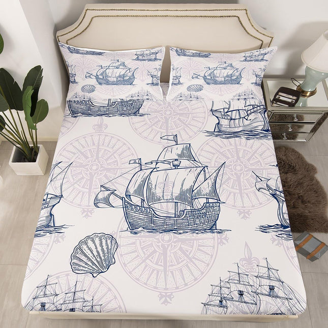 Nautical Bedding Set Sailboat Bed Sheet Set Full,Blue White Vintage Style Fitted Sheet Luxury Anchor Crab Pattern Bed Cover for Kids Teen Boys Girls Bedroom Ocean Beach Decor Sheet with Pillow Case