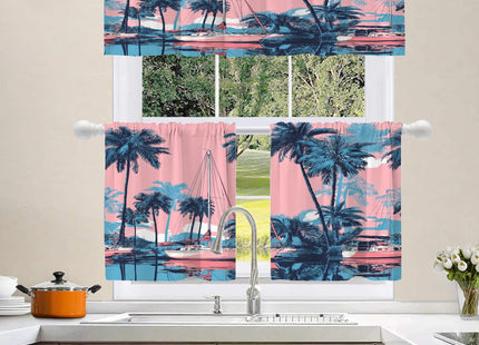 Shrahala Beach Getaway Seaside Ity Blackout Short Curtains for Windows, Nautical Charm Palm Lined Shore Kitchen Valance Thermal Insulated Rod Pocket Window Treatment for Bathroom 2 Pack 52 X 16 in