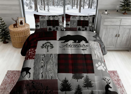 Castle Fairy Black Bear Comforter Set Twin,Hunting and Adventure Bedding Set Wild Deer Animal Quilt Set for Kids Teens Adults Room Decor Rustic Cabin Plaid Duvet Insert with 1 Pillowcase Grey and Red