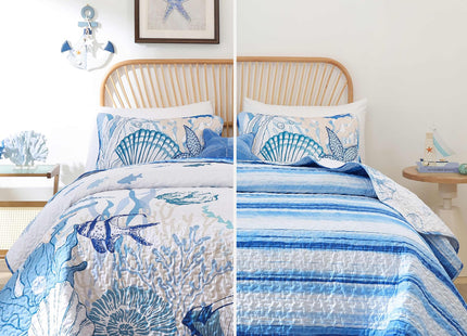 DJY Ocean Coastal Quilt King Size, 3 Pcs Beach Theme Bedspread Coverlet Set