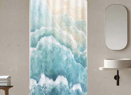 Small Stall Narrow Teal Blue Coastal Beach Art Bathroom Shower Curtain Set