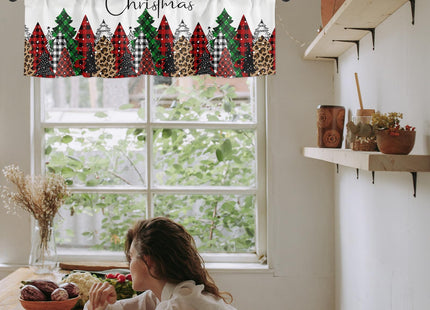 Merry Christmas Valance Curtains for Kitchen Windows Buffalo Plaid Xmas Tree Winter Forest Farmhouse Rod Pocket Window Treatment Toppers for Kitchen/Living Room/Bedroom/Bathroom, 42" X 12",Red Green