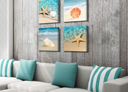 Beach Seashell Starfish Canvas Wall Art Coastal Decor 12x12 4 Panels