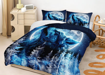 AILONEN Boys Wolf Bedding Set Full,Blue Starry Moon Wolf Comforter Set,Ice Howling Wolf Forest Printed Wildlife Kids Men Soft Comforter with 2 Pillowcases,3-Piece