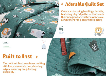JSD Green Forest Animal Kids Quilt Set Twin Size