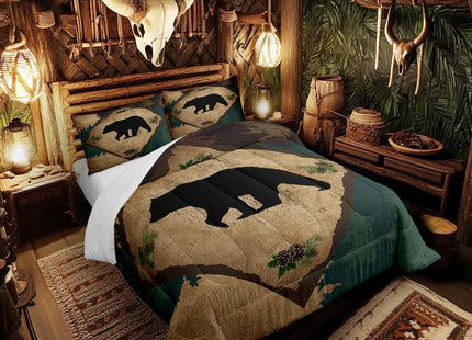 Homewish Lodge Cabin Comforter Set King Size 3 Pcs Wild Bear Retro Grid Rustic Style Comforter for Kids Teens Adults Outdoor Animal Pine Trees Silhouette Bedding Set with 2 Pillowcases+1 Comforter