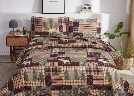 Lodge Bedding Set Twin Size Rustic Cabin Quilts Bear Forest Tree Printed Lightweight Reversible All Season Bedspread Coverlet with 2 Pillowshams