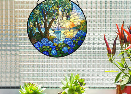 LIANGEAGOM Rustic Beach Sunset Stained Glass Window Hanging, Window Hanging Decor, Sailboat Hydrangea Sailboat Stained Glass Suncatcher Decor Birthday for Mom Men Woman Friend, 7.9x7.9inch