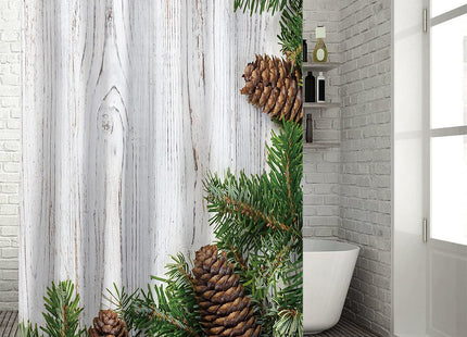 JasmineM Fabric Shower Curtain with Hooks, Tropical Pinecone Wood, Waterproof & Washable Bathroom Curtains, 60 x 72 inch, Rustic Wooden Barn