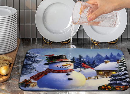 Winter Snowman Dish Drying Mat for Kitchen Counter 16x18 Snow Cardinals Pine Tree Christmas Drying Mats Microfiber Absorbent Dishes Pad Dish Drainer Rack Mats for Coffee Bar Sinks Kitchen Accessories
