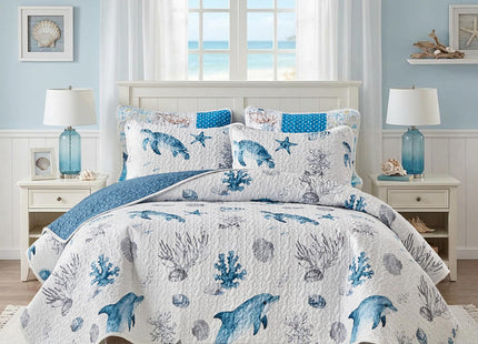 Coastal Quilt Sets King Size - Reversible Microfiber Dolphin Turtle Ocean Style Quilts with 2 Shams Soft Lightweight Beach Bedding Nautical Bedspread Coverlet Summer Comforter for All Season