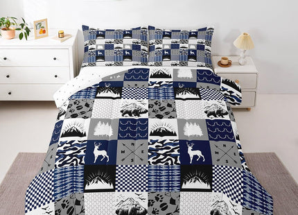 Elk Deer Bear Comforter Set Full Blue Camouflage Quilt for Boys Girls,Woodland Wild Animals Bedding Set Reindeer Camo Patchwork Duvet Insert,Retro Lodge Cabin Country Farmhouse Decor