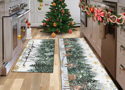 wyoansfhd Christmas Trees Deer Snowflakes Christmas Kitchen Mats Set of 2, Winter Home Decor Low-Profile Kitchen Rugs for Floor,Merry Christmas Rugs 17x30+17x47 Inch