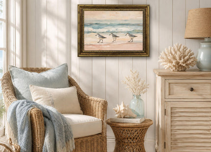 Vintage Gold Framed Coastal Sanderling Wall Art, Beach Bird Print, 16x12In