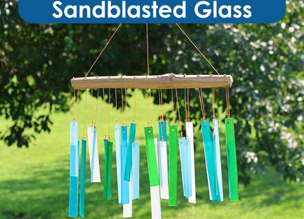 Ocean Blue Sea Glass Driftwood Wind Chime, Handcrafted Coastal, 15 Inch