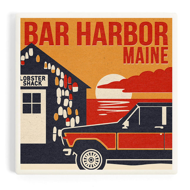 Lantern Press Bar Harbor, Maine, Woodblock (Absorbent Ceramic Coaster, Single, Cork Back, Kitchen Table Decor)