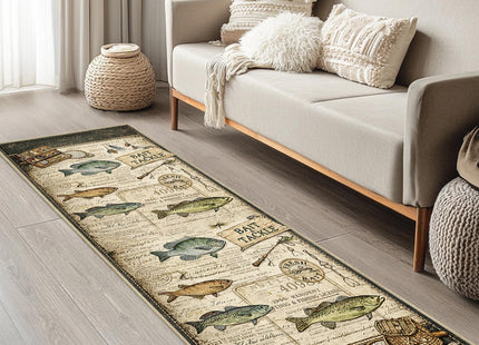 Fishing Hallway Runner Rug 2x6 Rustic Cabin Long Runners for Bedroom Kitchen Hall Laundry, Washable Low Pile Non-Slip Rubber Backing, Vintage Style Carpet Black