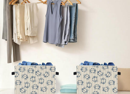 Ghoaoivo Coastal Beach Crab Storage Box Bins, Retro Blue Crab Nautical Ocean Striped Collapsible Storage Basket Organizer for Bedroom Laundry Room Home Clothes Books, Decor for Room