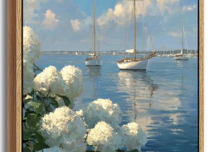 Framed Coastal Hydrangea Sailboat Canvas Wall Art, Blue Seascape Painting Picture with White Hydrangeas, Coastal Wall Decor Artwork for Living Room Bedroom Beach House（12x16in）