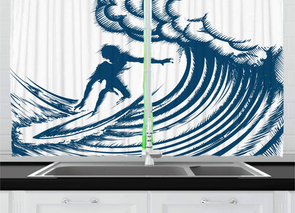 Ambesonne Surfing Kitchen Curtains, Abstract Silhouette of a Surfer Riding a Big Wave Hand Drawn Style Coastal Art, Window Drapes 2 Panel Set for Kitchen Cafe Decor, 55" x 39", Petrol Blue White