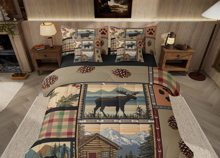 Feelyou Rustic Lodge Bear Moose 7 Piece Bedding Set Twin Size Retro Brown Wild Animal Bear Comforter Set with Sheets Boys Girls Cabin Country Hunting Theme Bed in a Bag Paw Prints Cabin