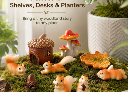 Delighture Fairy Garden Accessories, 9 Pieces Squirrel Resin Figures with Pinecone House Mushroom Leaf, Handmade Miniature Decor, Garden Miniatures Decors for Outdoor Home, Perfect DIY Gift