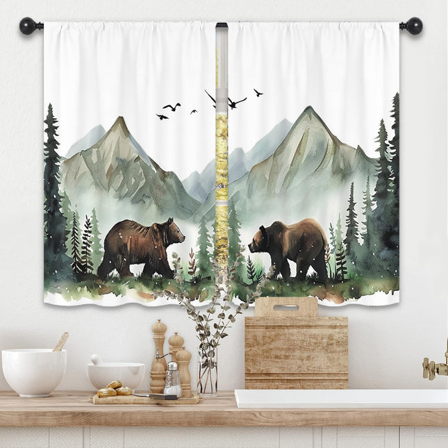 Kalmico Bear Mountain Forest Kitchen Curtains 27.5W x 39L Inch Watercolor Wild Animal Woodland Lodge Cabin Rod Pocket Short Small Window Treatment Drapes Decor 2 Panels