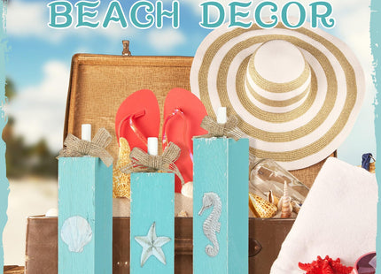 Seeloowy 3 Pcs Beach Decor for Home Office Summer Beach Theme Table Decorations Seahorse Starfish Seashell Wooden Sign Coastal Ocean Tabletop Centerpieces for Bathroom Patio Desk Mantel Tiered Tray