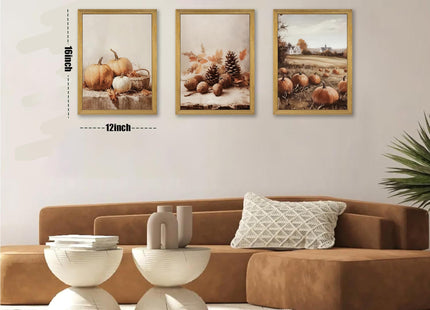 3-piece Framed Autumn Pumpkin Canvas Wall Art, Rustic Farmhouse Fall Harvest Pumpkin Pinecone Acorn Print Picture, Thanksgiving Country Landscape Wall Decor for Living Room Kitchen Bedroom 12x16 inch