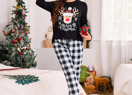 difficort Womens Christmas Pajamas 2 piece Set,Black White Plaid Moose,M