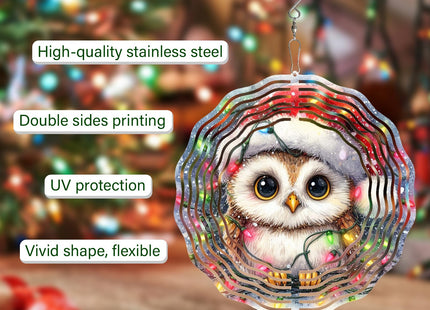 Christmas Owl Wind Spinner,3D Owl Spinner for Yard and Garden 3D Steel Wind Spinners Outdoor Hanging Decorations10 inch 3D Xmas Cute Owl Swirl