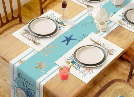 Bonhause Nautical Coastal Table Runner 13x72 Inch Teal Blue Beach Seashell Starfish Ocean Theme Coral Summer Kitchen Dinning Table Decoration for Indoor Outdoor Home Party Decor