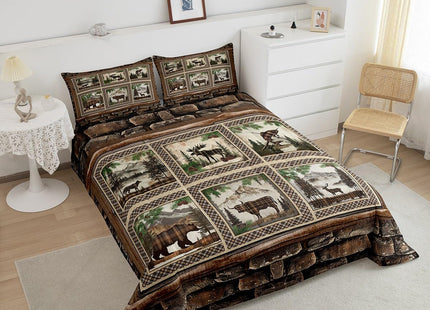 Feelyou Rustic Bear Comforter Set Toddler Size Boys Girls Farmhouse Deer Bedding Set for Kids Cabin Moose Duvet Quilt Highland Cow Brown Plaid Grid Room Decor