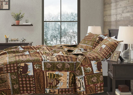 Lodge Bedspread Twin Size, Rustic Cabin Quilt Sets Moose Bear Bedspread Coverlet Patchwork Plaid Bedcover Reversible Wildlife Printed Quilted Bed Set Brown Bed Cover Farmhouse Country Decor (68"x 86")