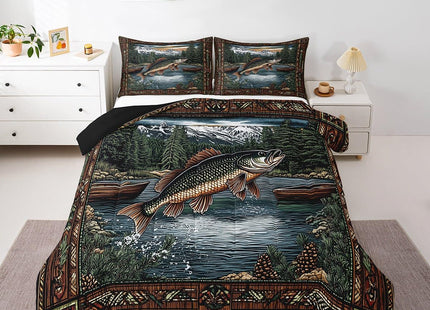 Castle Fairy Fishing and Hunting Comforter Set King Size,Pike Fish Bass Big Fish Down Alternative Adults Bedroom Decor,Lake House Ultra Soft Microfiber Inner Fill 3 Pcs Bedding