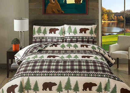 Quilts Queen Size, 3Pcs Rustic Cabin Bedspread Coverlet Set Brown Bear Green Pine Tree Bedding Set Lightweight Soft Reversible Plaid Stripe Bed Cover Set Farmhouse Decor for All Season(90"x 90")