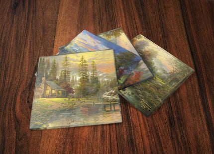 Thomas Kinkade Mountain Scenes Mountain Cabin Sunset 4 x 4 Coaster Set