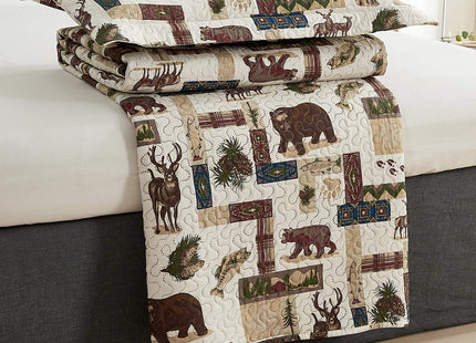 Oliven Rustic Moose Quilt Set King Size Lodge Quilt Lightweight Summer Cabin Bedspread Country Bedding Forest Bear Fish Pine Coverlet Daybed Cover Blanket Woodland Home Decor-Brown White