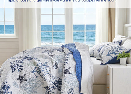 Qucover Coastal Quilt Sets King Size 106x98in, Reversible Microfiber Quilts with 2 Shams Soft Lightweight Beach Bedding Bedspread Coverlet Summer Comforter Set for All Season, Navy Blue