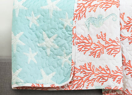 Lush Decor Dina Coral Reversible Cotton Quilt Queen Size 3 Piece Set Full/Queen Blue & Coral - Coastal Bedding Set Queen Quilt Blue - Ocean Décor