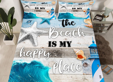 Blue Sea Wave Bedding Set Coastal Ocean Beach Fitted Sheet Twin for Girls Boys Kids,Lighthouse Gray Vintage Wooden Planks Bed Sheets,Marine Theme Under The Sea Shells Conch Starfish Sheets